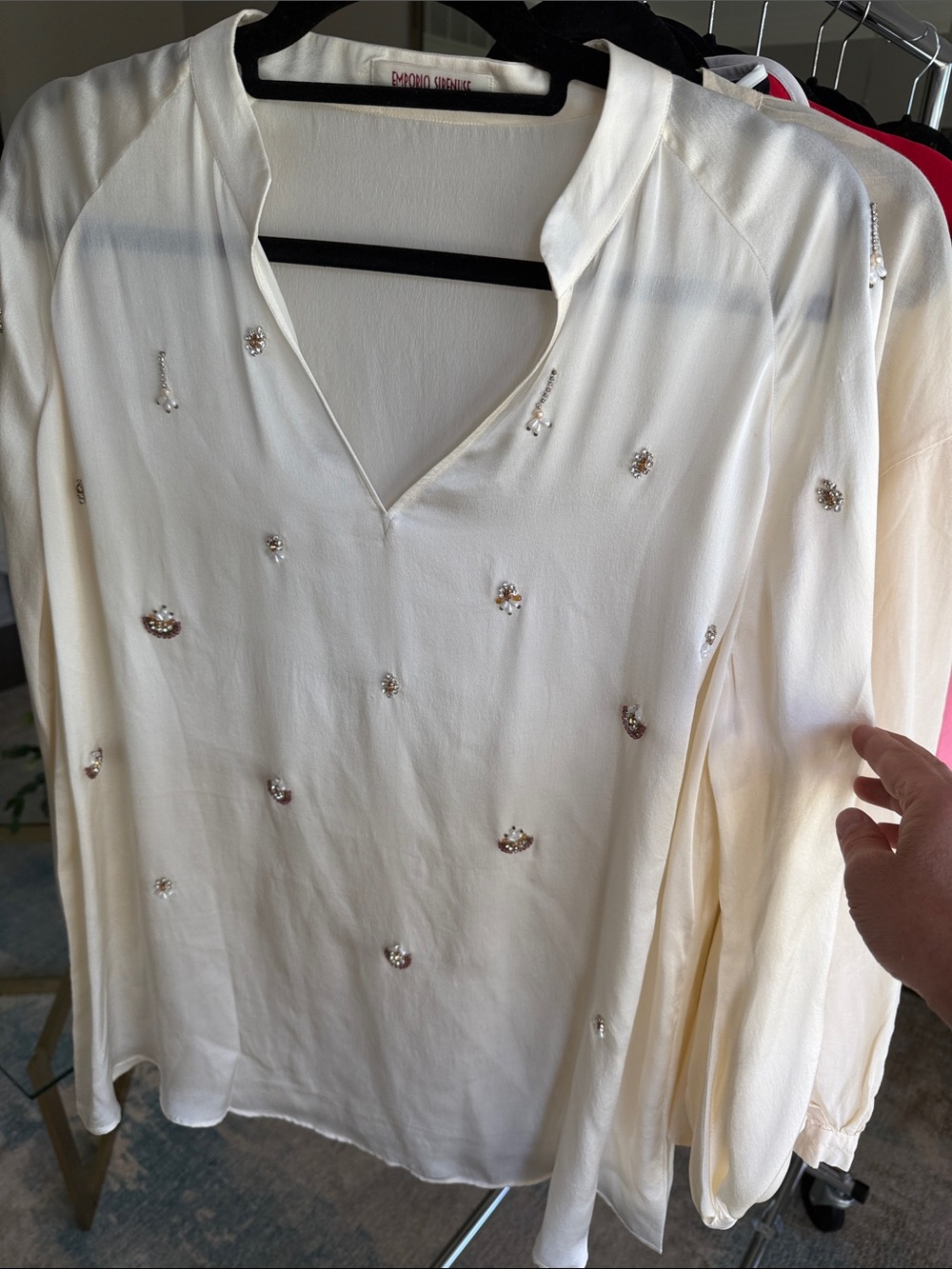 Emporio Sirenuse Ivory Beaded V-Neck Blouse
